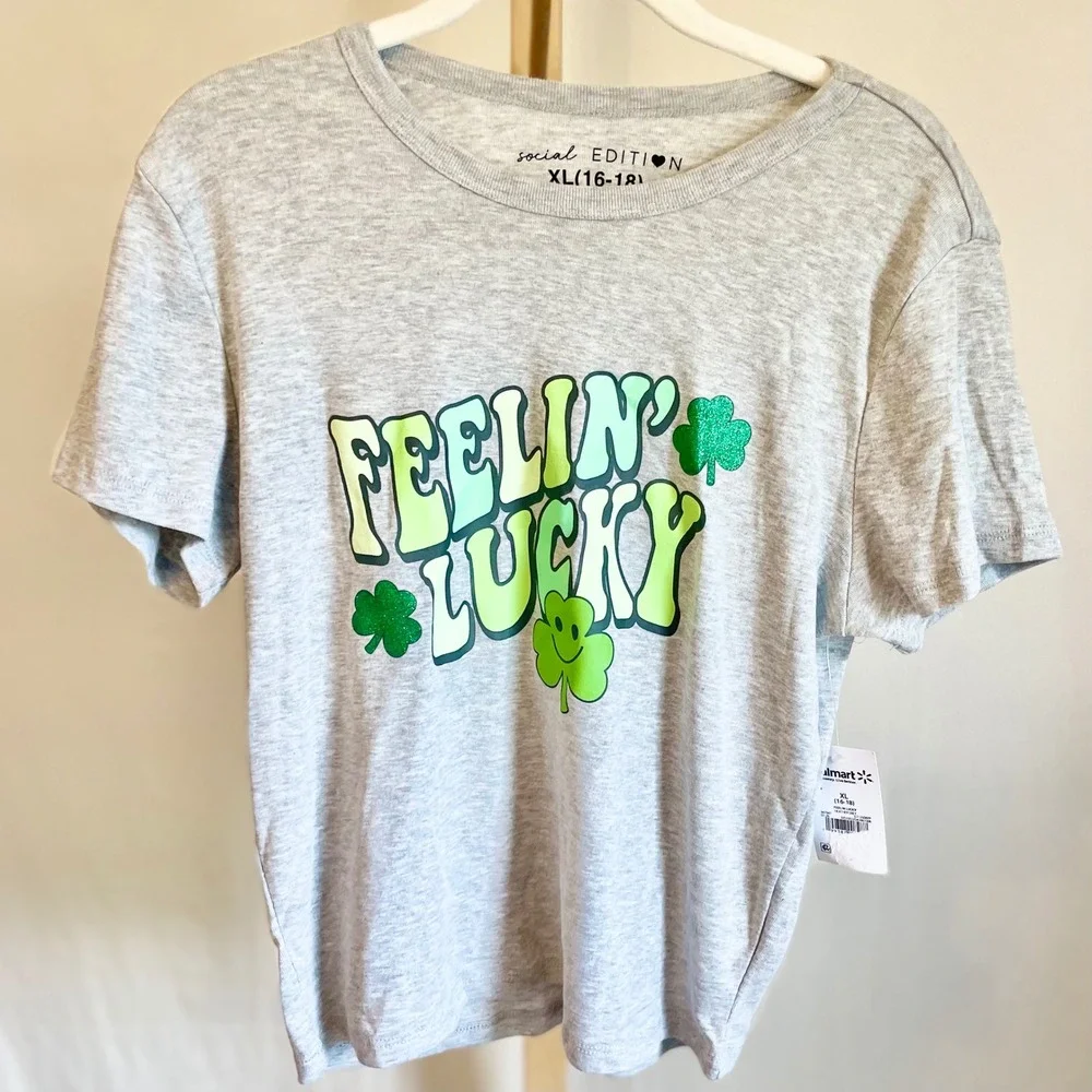 Social Edition Womens XL Feelin Lucky St Patricks Day Graphic Tee‎ Heather Gray